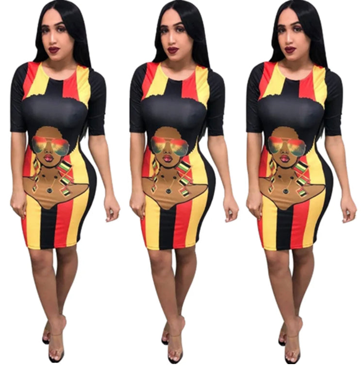 Sexy Pencil Knee-length Positioning Printed Cartoon Avatar Rainbow Stripes in the Sleeves Women's Clothing.