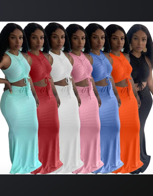 Load image into Gallery viewer, Two Piece Dress Women Sets Ruched Drawstring Sleeveless Tank Crop Top and High Waist Mermaid Maxi Skirt Set for Elegant
